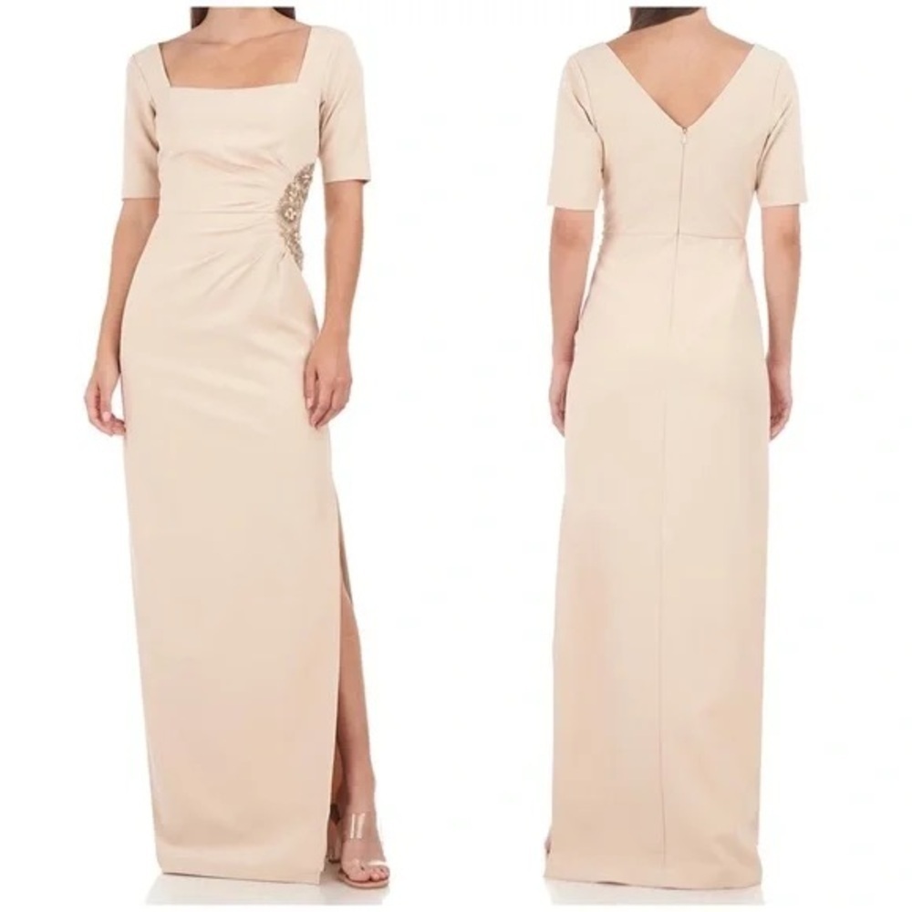 JS Collections Ashley Draped Column Gown in Champagne